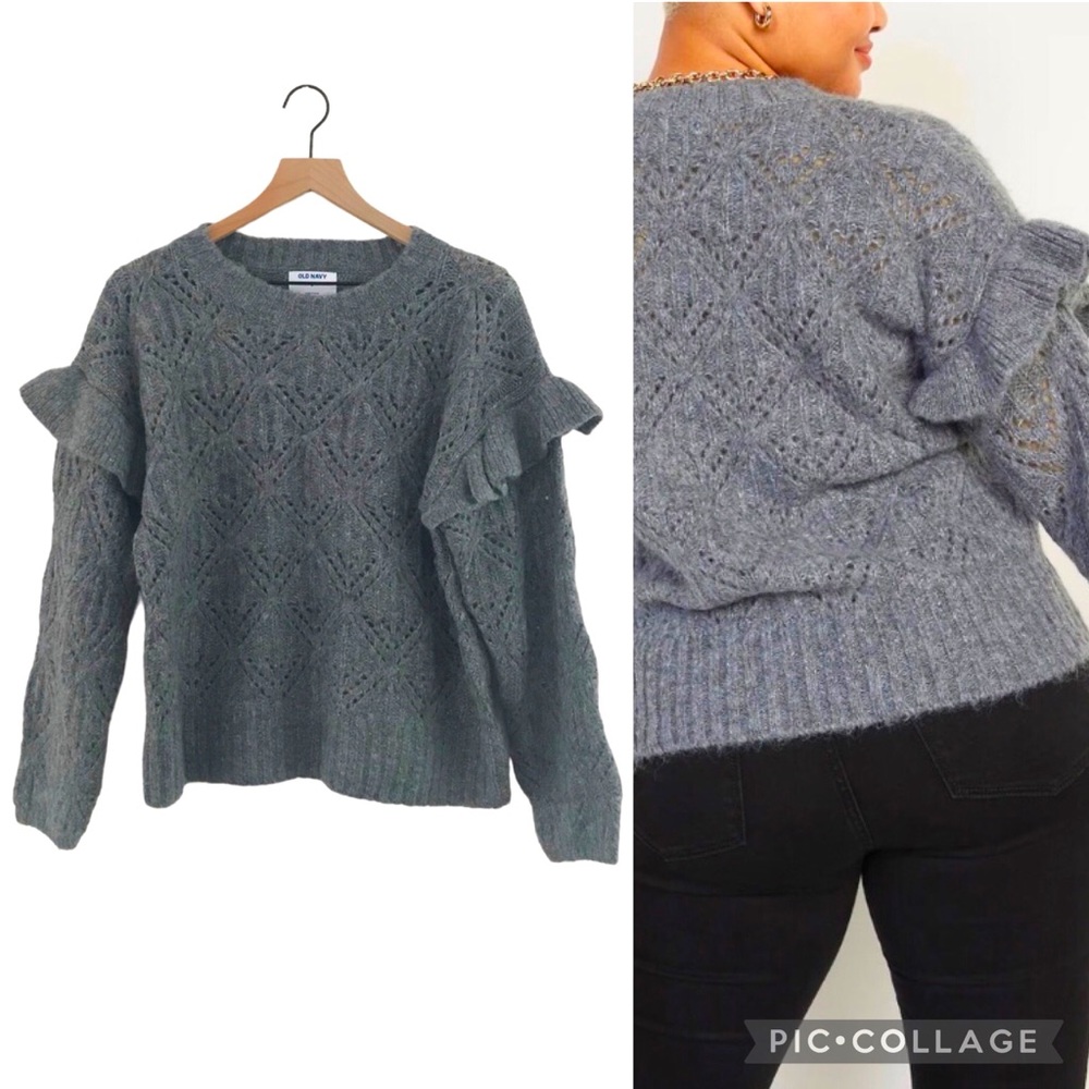 Old Navy Gray Pointelle-Knit Ruffle Sleeve Sweater - Size Medium